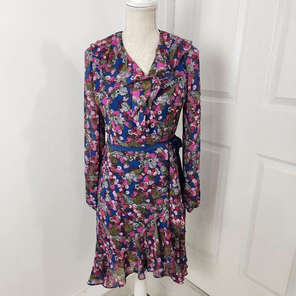Betsey Johnson Wrap Dress Womens 4 Blue Pink Floral Strawberries Cherry Ruffle